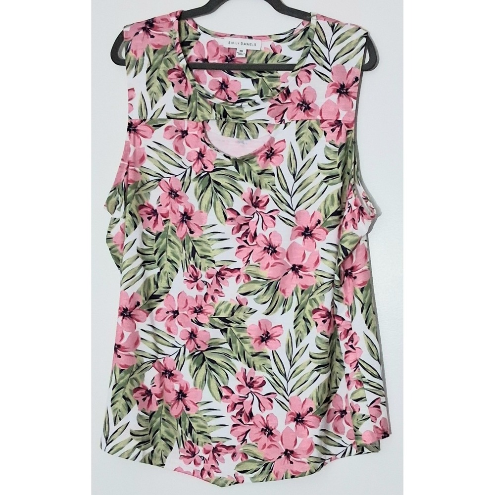 Emily Daniels Sleeveless Top* Womens Size 2X White Pink Floral Tropical Preowned